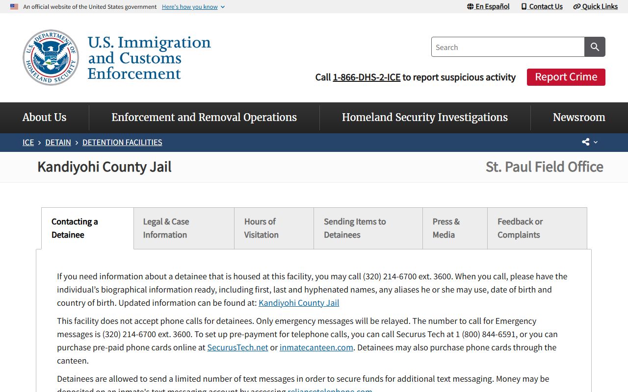 Kandiyohi County Jail ICE detainee facility profile for custody search
