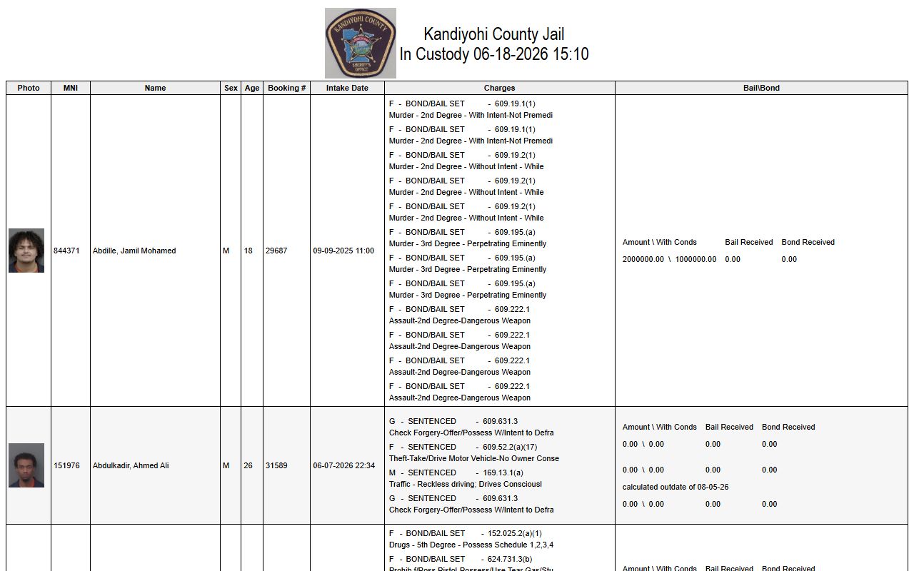 Kandiyohi County inmate population live in-custody roster table with booking photos